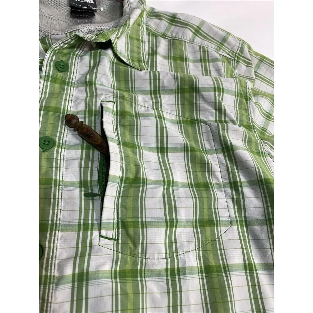 North Face Mens Shirt L Green Plaid Short sleeve Button Up Pocket Outdoor Vented
